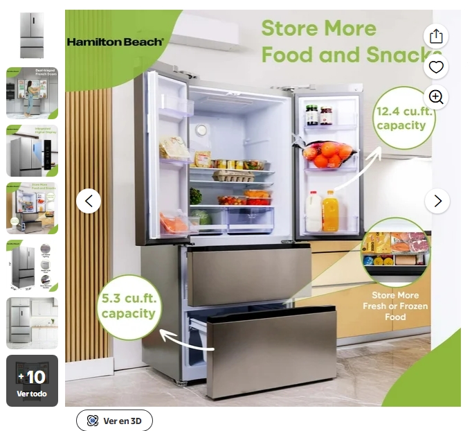 Hamilton Beach Refrigerador de Puerta Francesa de 17.9 cu. Ft. con Doble Congelador
