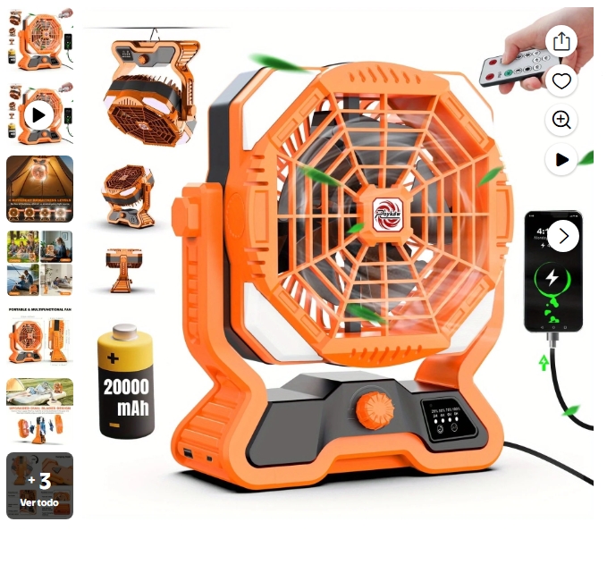Roykaw Ventilador Recargable para Acampar con LED, Ventilador con Batería de 20000 mAH, 36 H de Funcionamiento