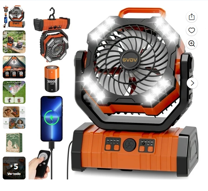 GVDV Ventilador de Acampar, Ventilador Portátil Mejorado de 30000mAh a Batería para Exteriores con Luces LED