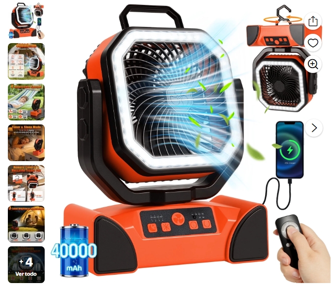 Ventilador Portátil con Linterna LED, Ventilador con Batería Recargable de 40000mAh