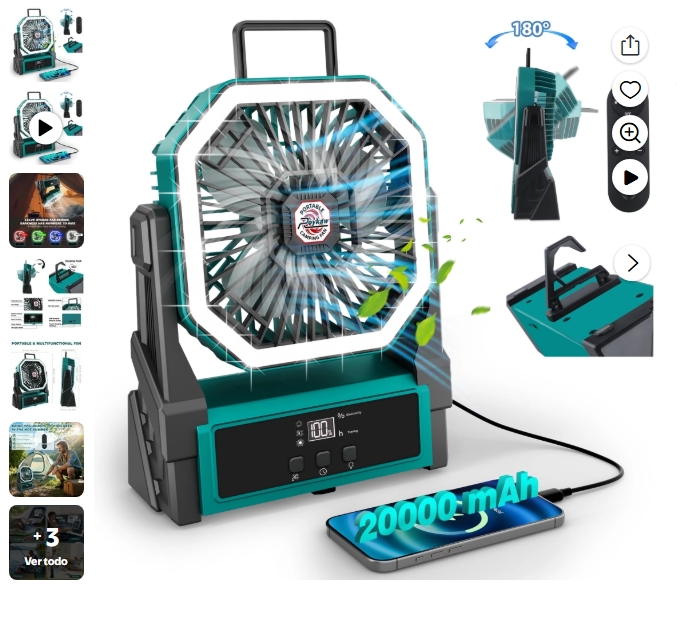 Roykaw Ventilador Portátil Recargable con Batería de 20000 mAH, Ventilador de Acampar Inalámbrico
