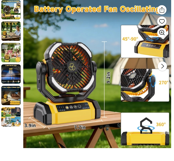 Ventilador Recargable Portátil con LED, Oscilación de 90° y Pivote de 270°, Ventilador Inalámbrico de 4 Velocidades