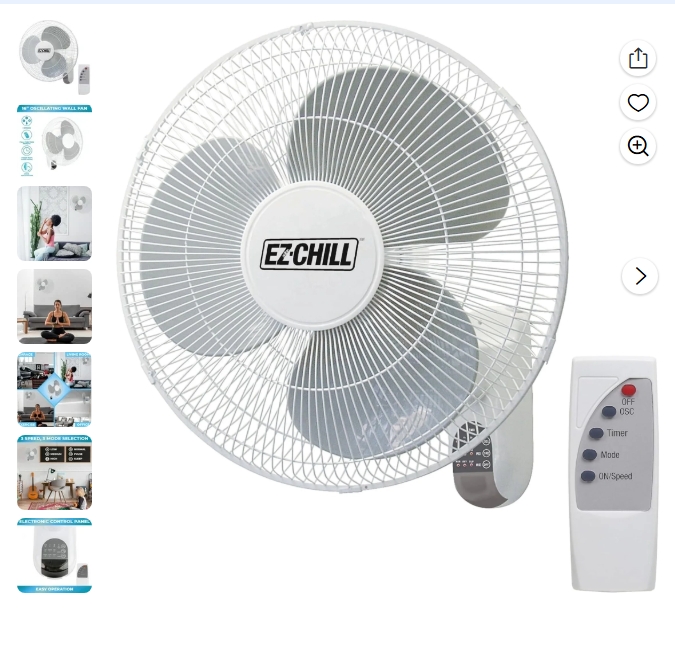 EZ-Chill Ventilador Oscilante de Pared de 16" con Control Remoto, Temporizador, Inclinación