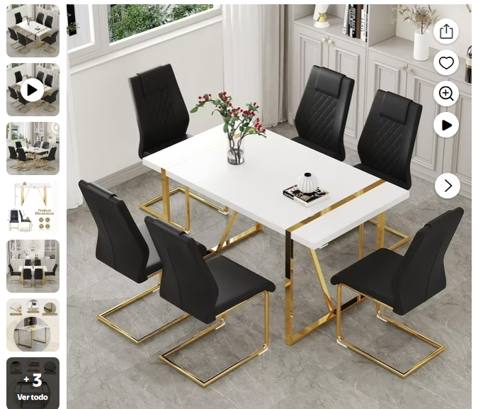 UFU Juego de Comedor de 7 Piezas de Cuero PU Negro con Patas de Metal Dorado