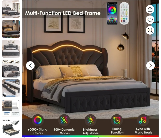 Hiphuta Base de Cama King Moderna con 2 Cajones, Base de Cama Tipo Plataforma con Luces LED