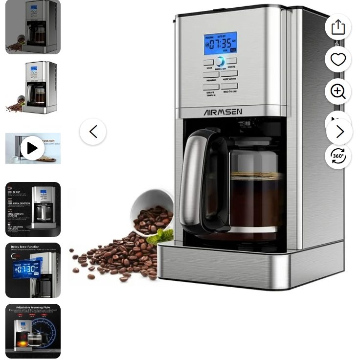 AIRMSEN Cafetera de Goteo de Acero Inoxidable de 12 Tazas