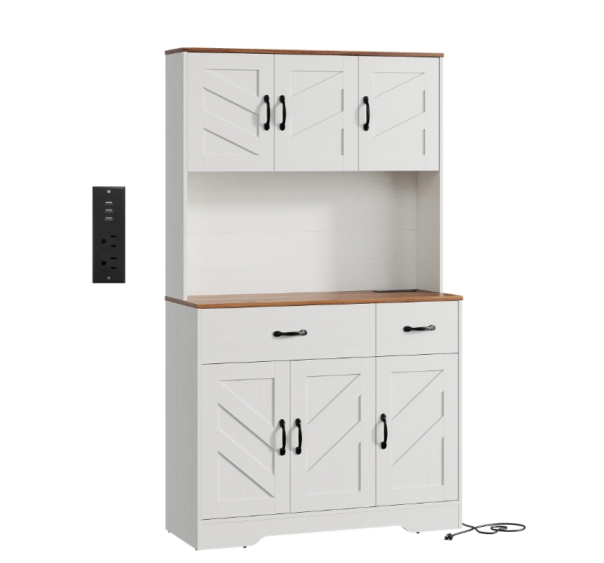 COZONY 71" Kitchen Pantry Cabinet with Charging Station, Large Countertop and 2 Drawers