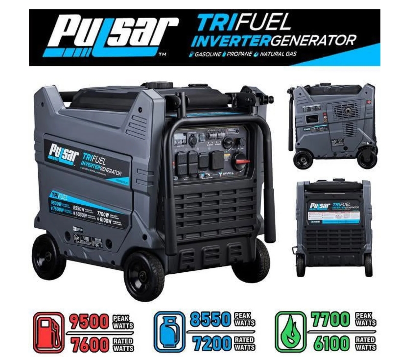 Pulsar Generador Inversor de Triple Combustible de 9500W - Gasolina, Propano, Gas Natural