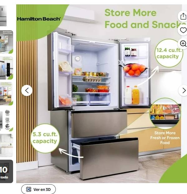 Hamilton Beach Refrigerador de Puerta Francesa de 17.9 cu. Ft. con Doble Congelador