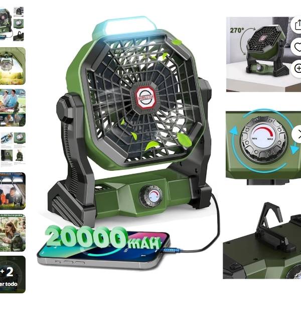 Ventilador de Acampar con Luces Led, Portátil Recargable