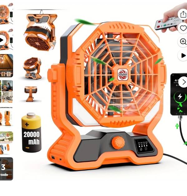 Roykaw Ventilador Recargable para Acampar con LED, Ventilador con Batería de 20000 mAH, 36 H de Funcionamiento