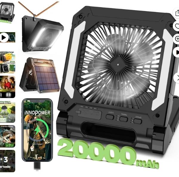 Veubew Ventilador de Acampar, Ventilador Personal Recargable de 20000mAh, Ventilador Portátil a Batería con Luz LED 
