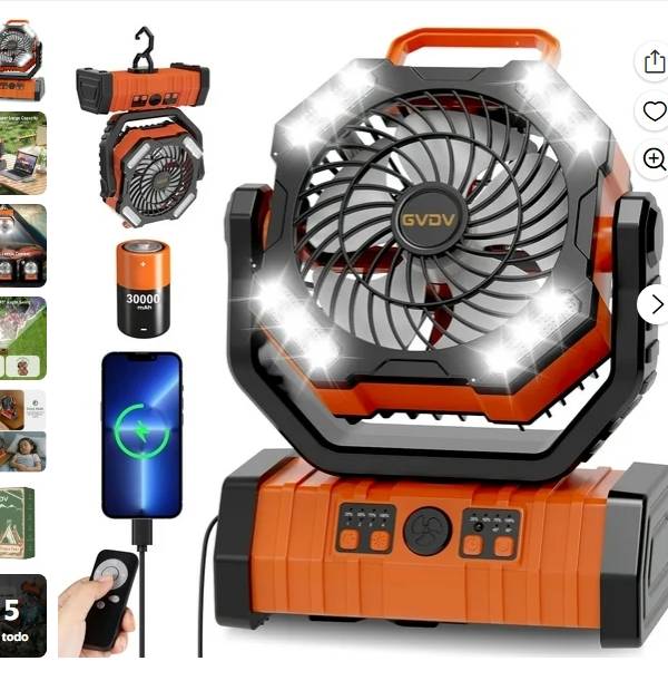 GVDV Ventilador de Acampar, Ventilador Portátil Mejorado de 30000mAh a Batería para Exteriores con Luces LED