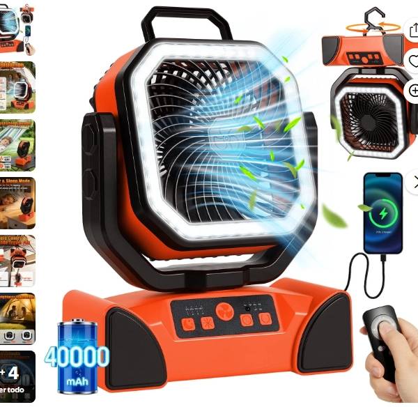 Ventilador Portátil con Linterna LED, Ventilador con Batería Recargable de 40000mAh
