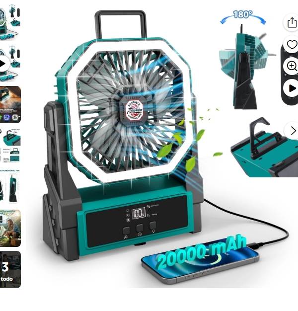 Roykaw Ventilador Portátil Recargable con Batería de 20000 mAH, Ventilador de Acampar Inalámbrico