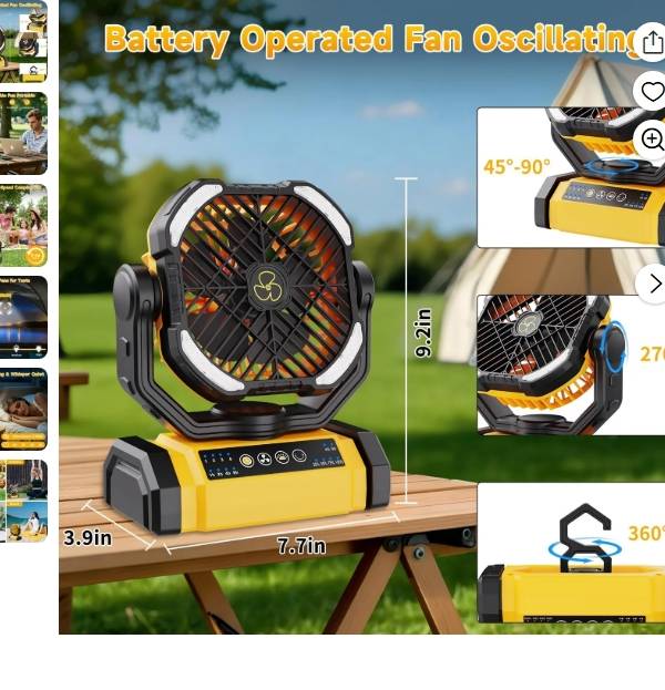 Ventilador Recargable Portátil con LED, Oscilación de 90° y Pivote de 270°, Ventilador Inalámbrico de 4 Velocidades 