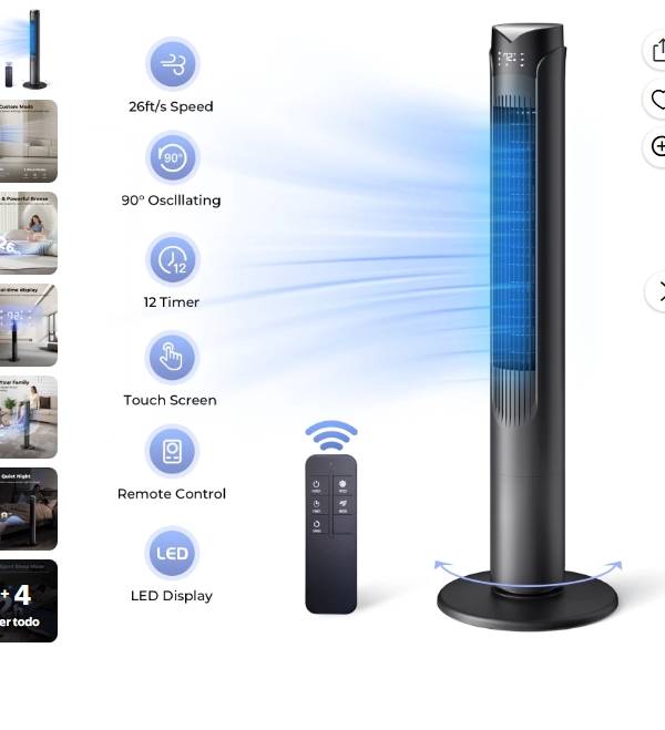 Ventilador de Torre de 41" con Control Remoto, Ventiladores Oscilantes de 90°