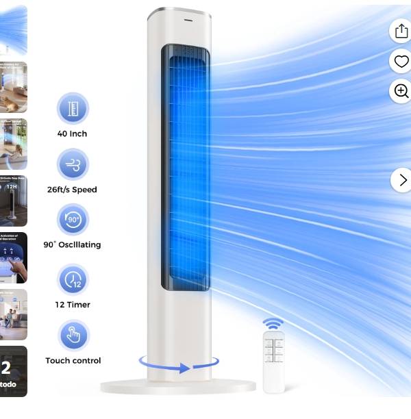 Ventilador de Torre, Ventilador Eléctrico de 40" para Dormitorio