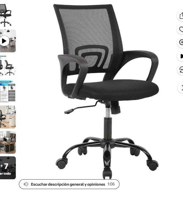 JONPONY Silla de Oficina Ergonómica, Soporte Lumbar, Altura Ajustable con Reposabrazos para Adultos, Negro