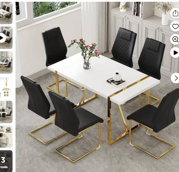 UFU Juego de Comedor de 7 Piezas de Cuero PU Negro con Patas de Metal Dorado
