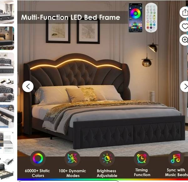 Hiphuta Base de Cama King Moderna con 2 Cajones, Base de Cama Tipo Plataforma con Luces LED