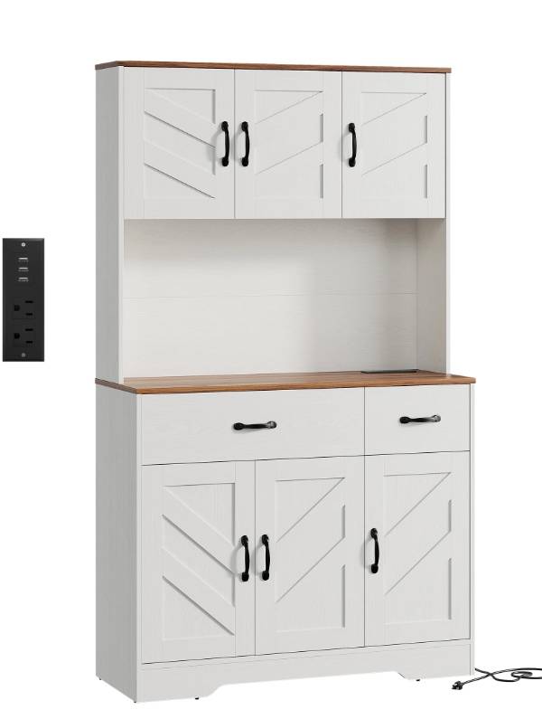 COZONY 71" Kitchen Pantry Cabinet with Charging Station, Large Countertop and 2 Drawers