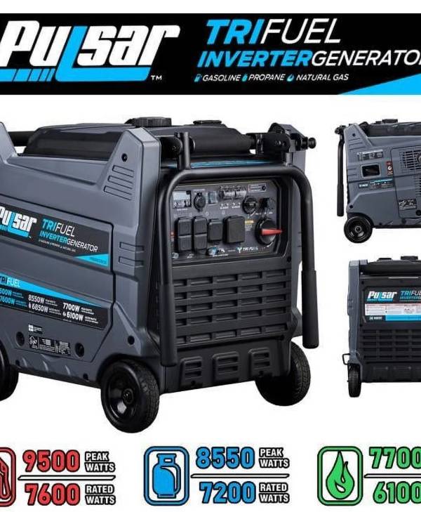 Pulsar Generador Inversor de Triple Combustible de 9500W - Gasolina, Propano, Gas Natural